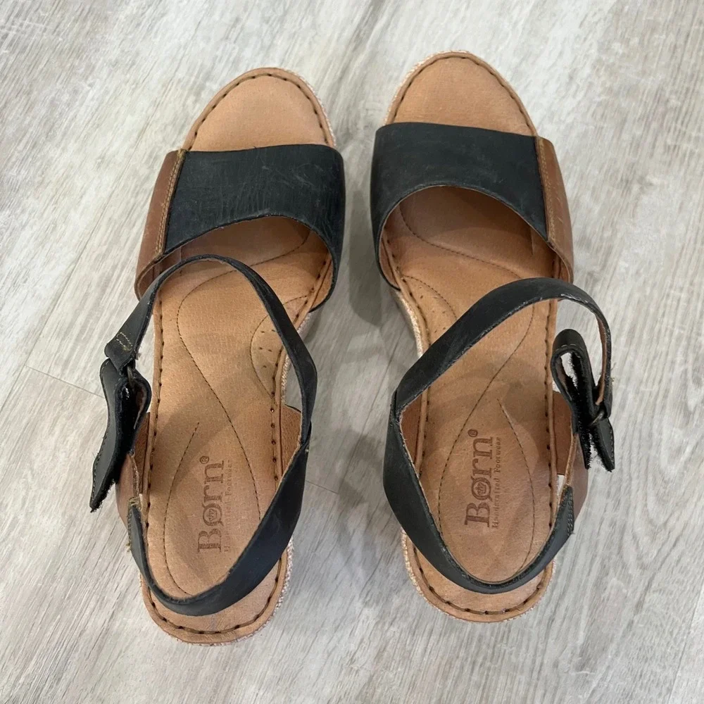 Born Nectar Leather Wedge Sandals Brown Black Two Tone Open Toe Women 10 Comfort